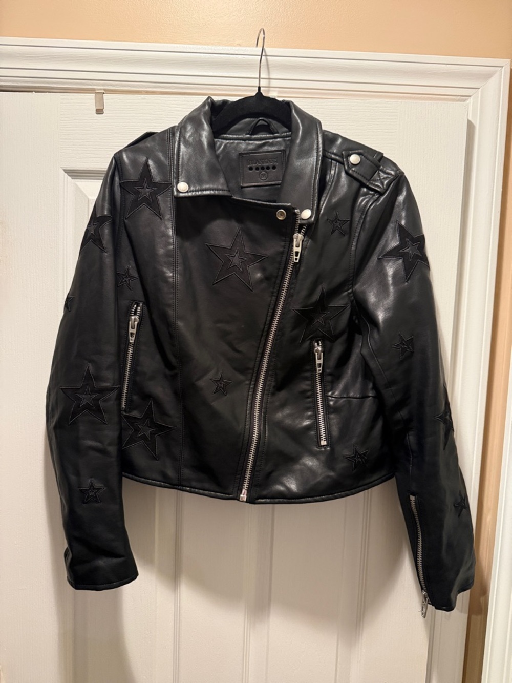 BlankNYC Black Star-Embroidered pleather Moto Jacket